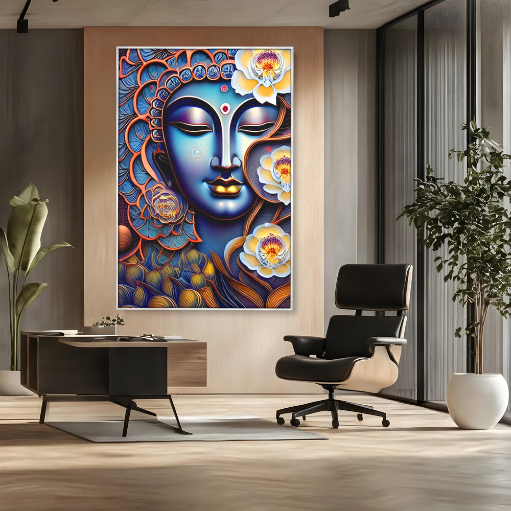 Tablou canvas cu tablou canvas cu portretul lui buddha, in rama de aluminiu argintiu, pe perete intr-un birou